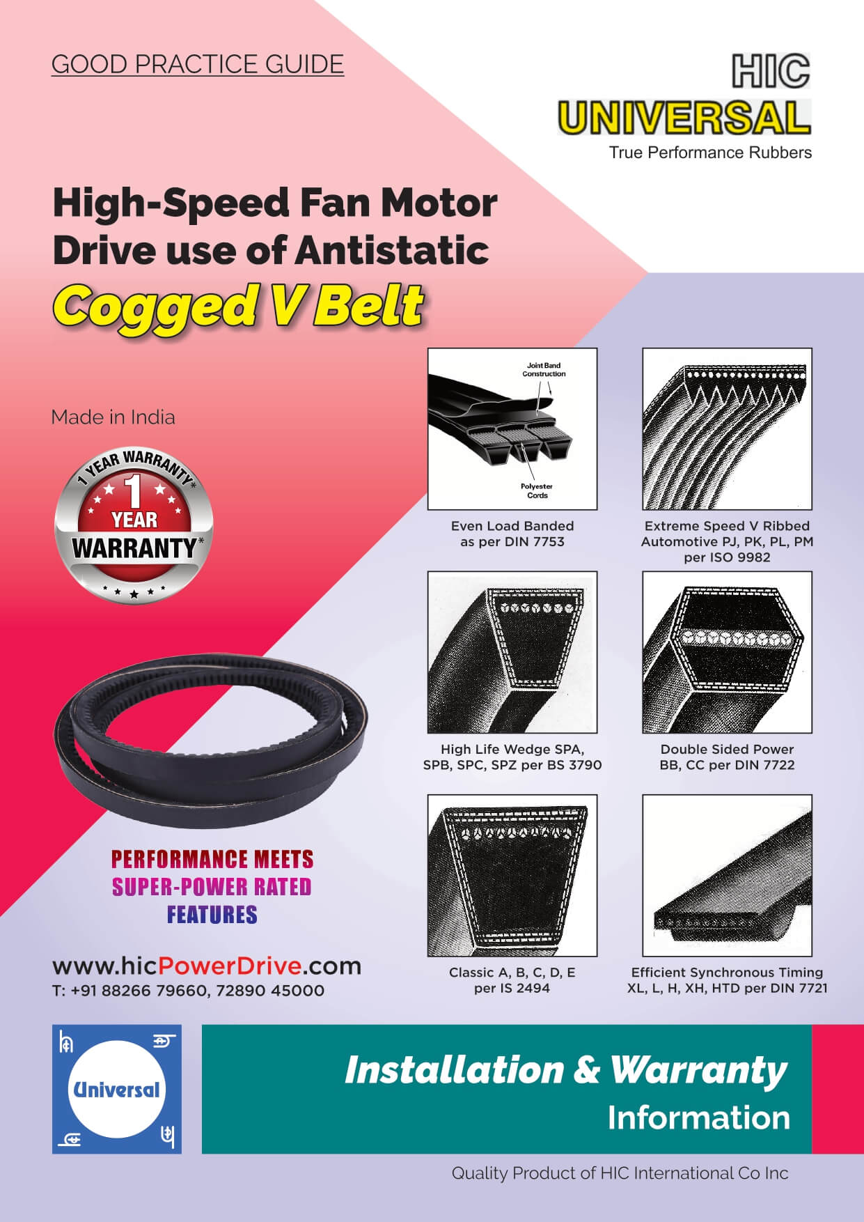V Belt Antistatic Rubber Fan Motor Drive Installation